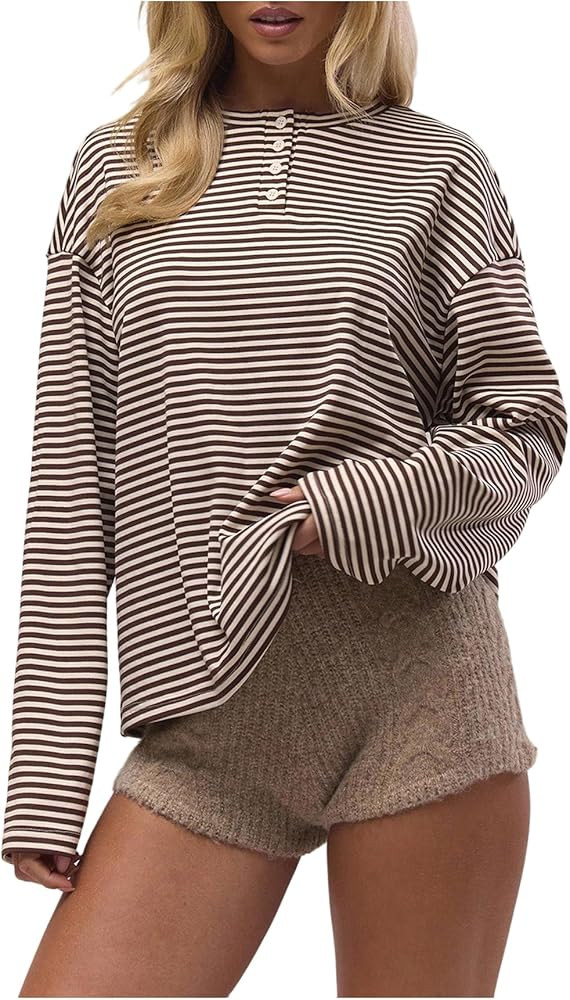 SOLY HUX Women's Striped Long Sleeve T Shirts Henley Tops Crew Neck Button Classic Tees Fall Clot... | Amazon (US)