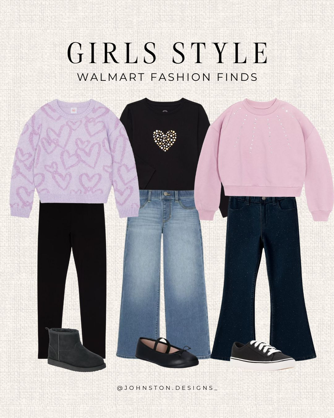 Affordable girls style all from Walmart! Jeans, leggings, sweaters, winter outfit inspo, trending pieces, kids clothing, girls school outfit, Walmart fashion.
 

 #LTKFindsUnder50 #LTKKids