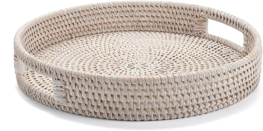 11.8 inch Round Rattan Tray, Woven Serving Tray with Cut - Out Handles, Wicker Serving Basket, Wh... | Amazon (US)