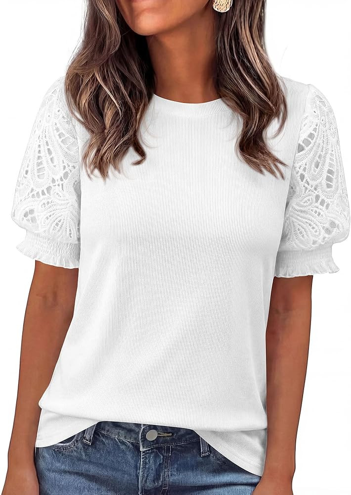 KIRUNDO Sweaters for Women 2026 Summer Casual Crewneck Going Out Tops Dressy Puff Short Sleeve La... | Amazon (US)