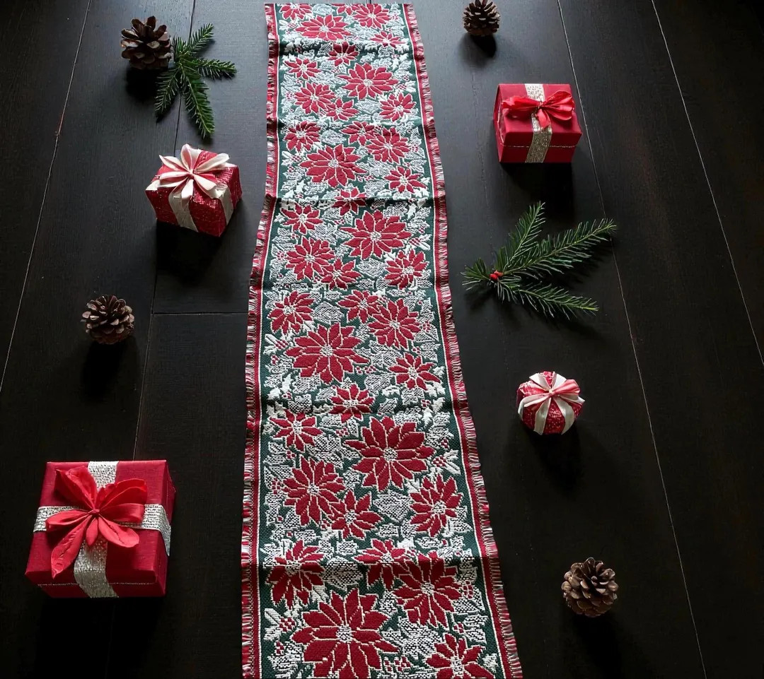 Vintage Poinsettia Table Runner – Red & White Christmas Floral Tapestry – Long Holiday Table ... | Etsy (US)