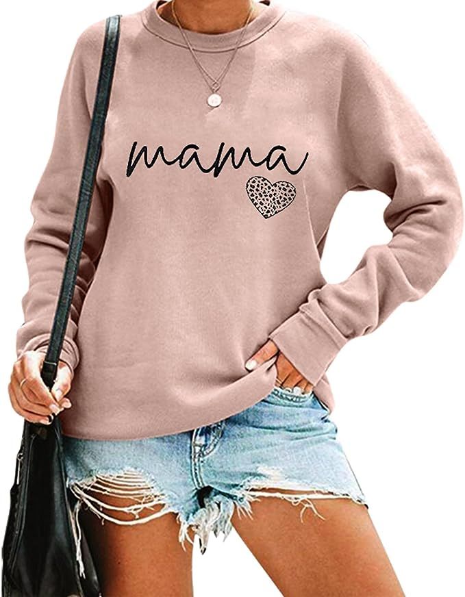 Mama Sweatshirt Women Crewneck Leopard Heart Graphic Pullover Top Causal Long Sleeve Blouse Cloth... | Amazon (US)