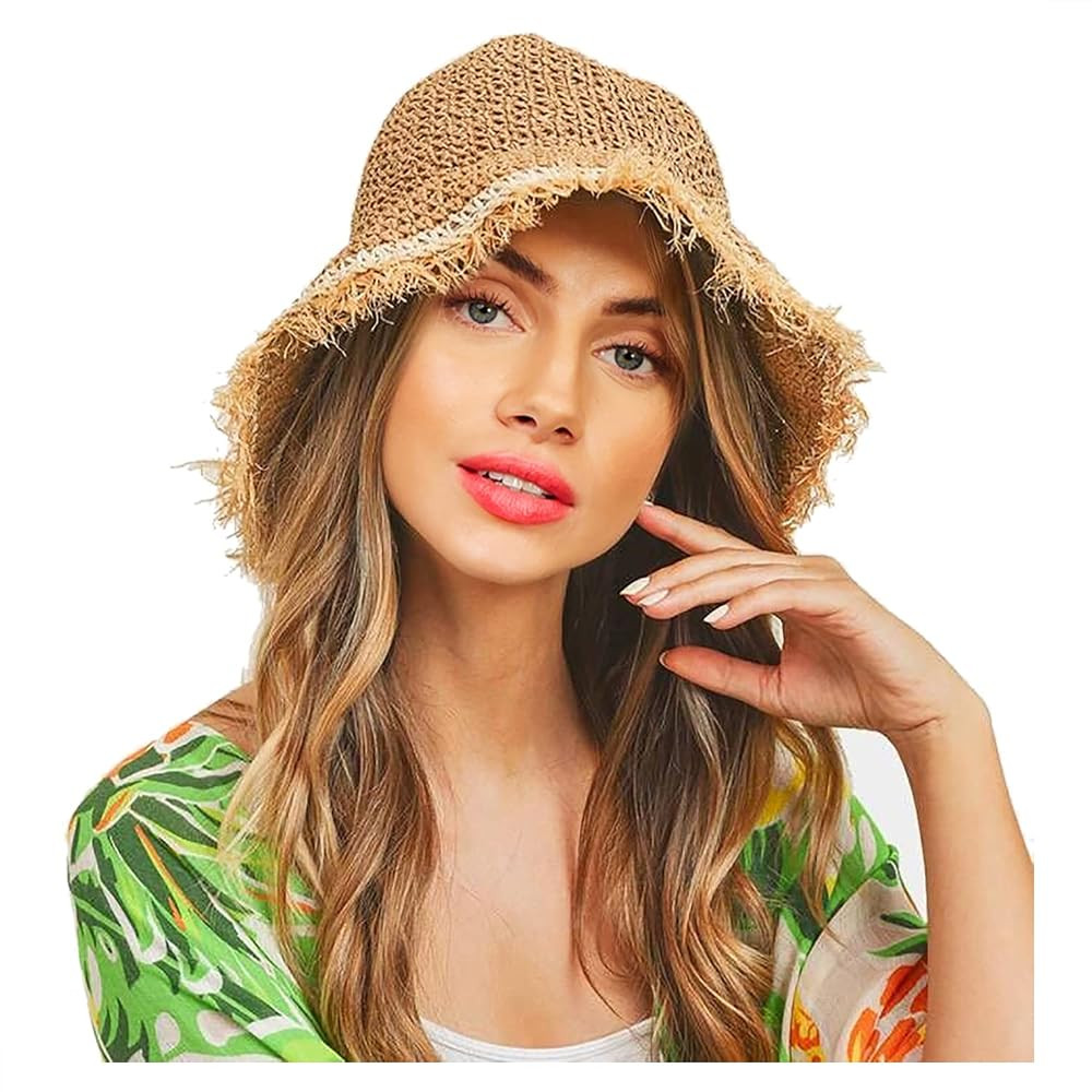 boderier Womens Straw Hat Beach Sun Hat Frayed Crochet Foldable Straw Bucket Hat Summer Floppy Be... | Amazon (US)