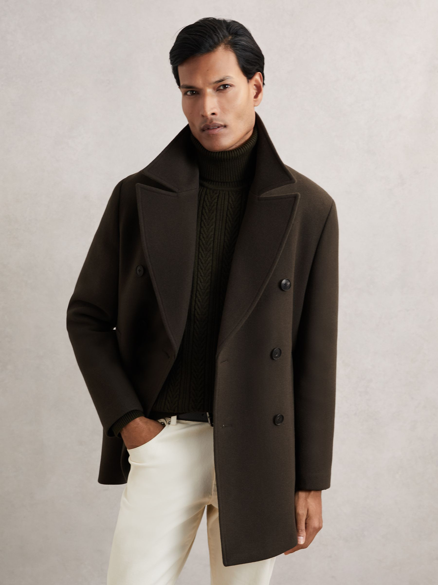 Wool-Blend Double-Breasted Pea Coat in Dark Green | Reiss UK