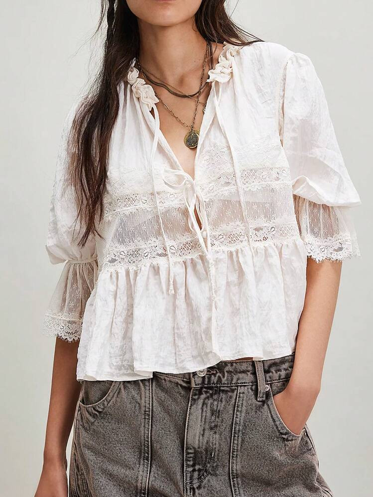 Women Cropped  Shirts Lace See Through Short Sleeve Ruffles Buttons Fashion Blouses Summer Casual... | SHEIN