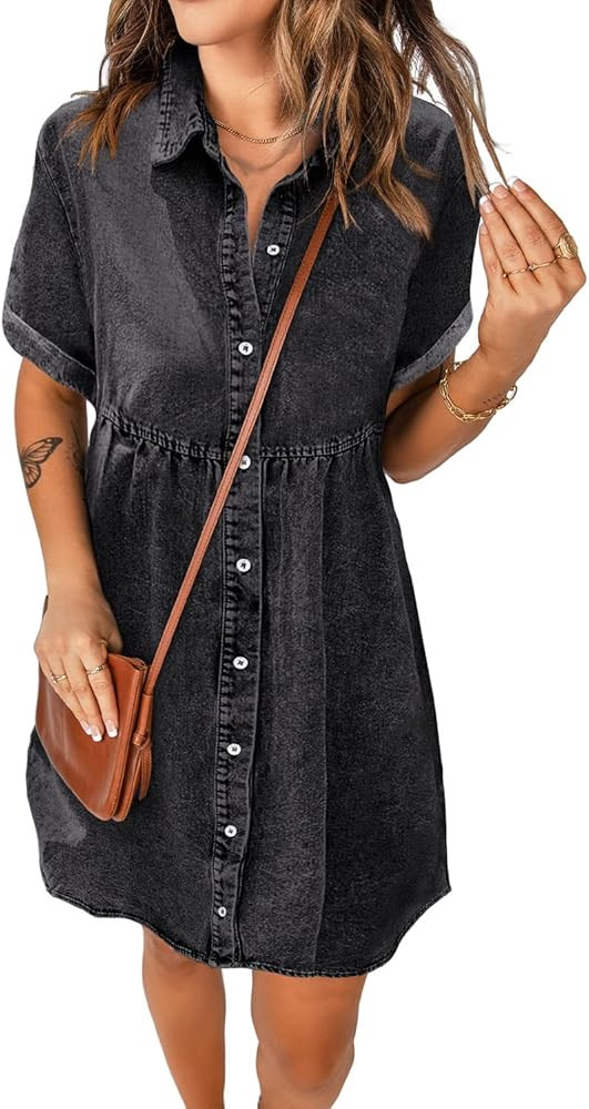 luvamia Women's Casual Short Sleeve Button Down Tiered Denim Babydoll Jean Dress | Amazon (US)