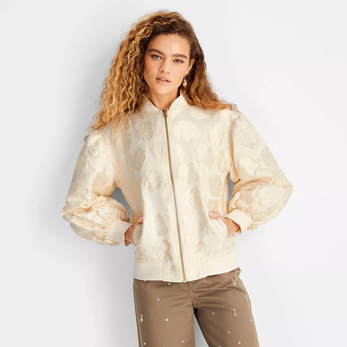 Women's Brocade Relaxed Bomber Jacket - Future Collective Cream Floral | Target
