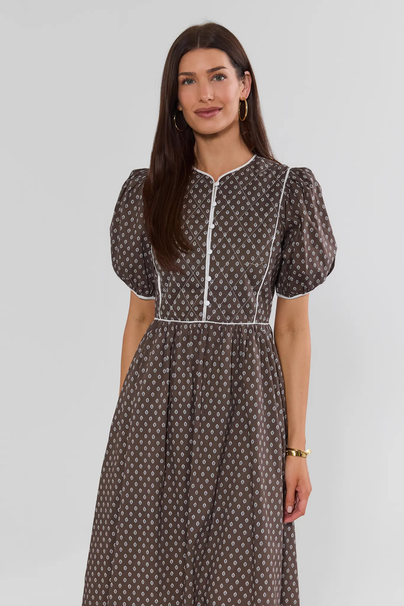 Brown Printed Contrast Trim Midi Dress | Avara