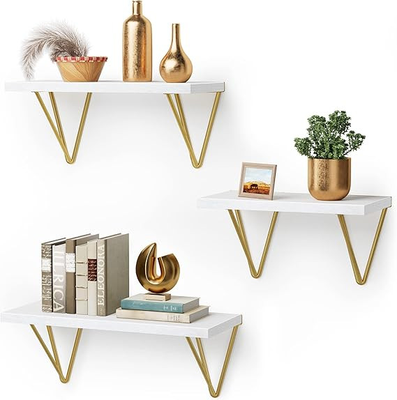 AMADA HOMEFURNISHING Floating Shelves, Wall Shelves with Triangle Golden Metal Brackets, Wall Mou... | Amazon (CA)