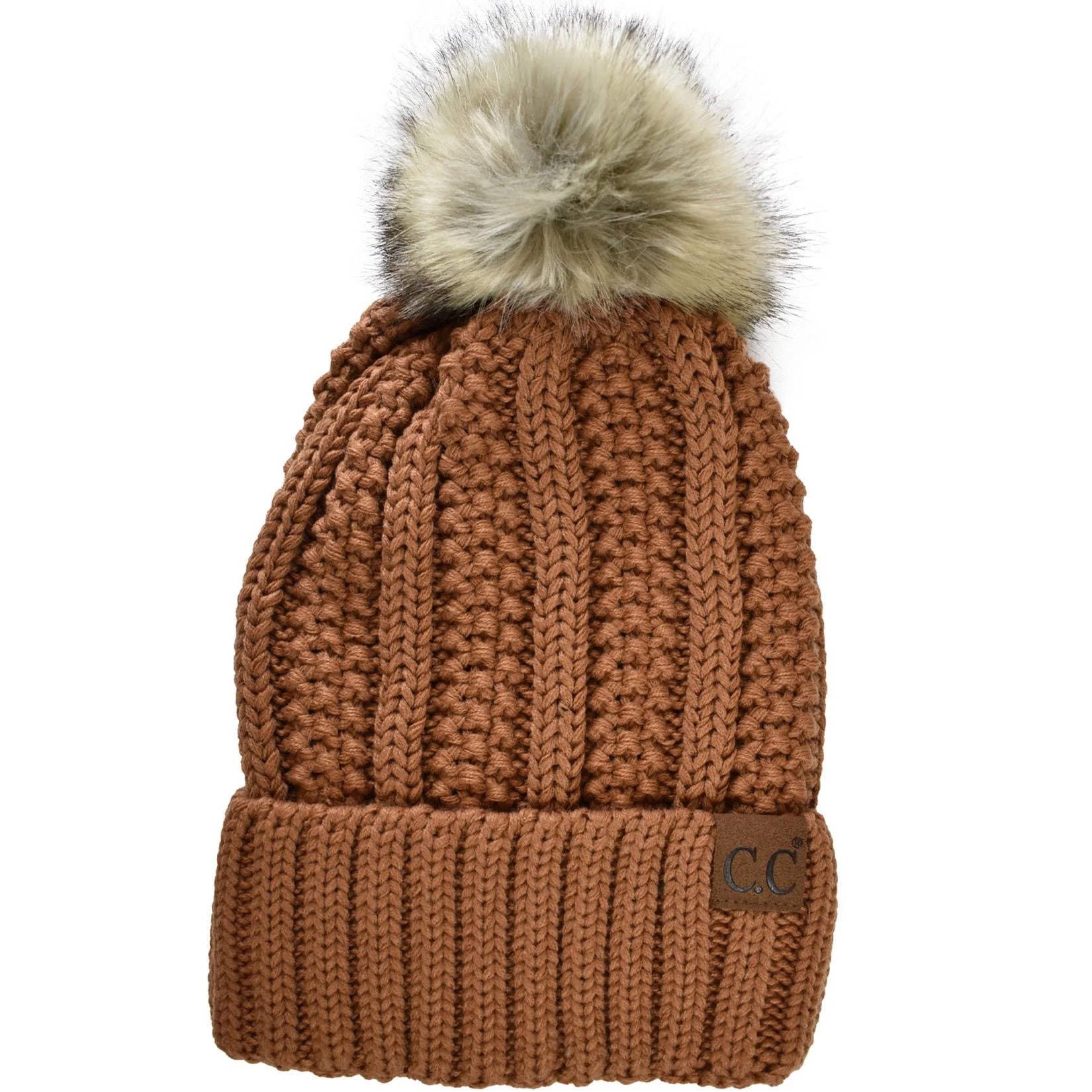 C.C Thick Cable Knit Faux Fuzzy Fur Pom Fleece Lined Skull Cap Cuff Beanie, Toast Almond | Walmart (US)