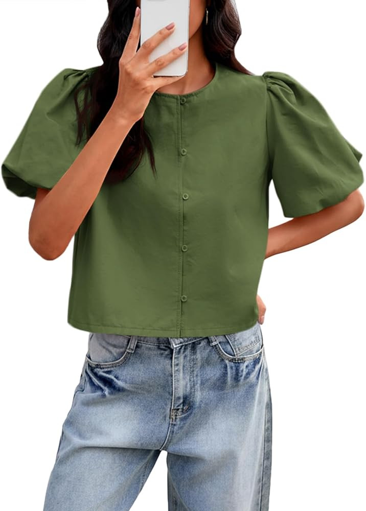 Tankaneo Womens Cropped Tops Puff Sleeve Button Down Shirts Trendy Casual Loose Fit Cute Blouse | Amazon (US)