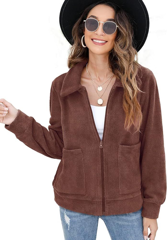 WIHOLL Jackets for Women Fashion Long Sleeve Lapel Zip Up Coats Cropped Fleece Outerwear | Amazon (US)