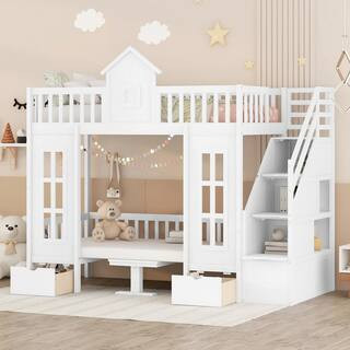 White Twin Over Twin Bunk Bed with Changeable Table, Storage Staircases and 2-Drawers | The Home Depot
