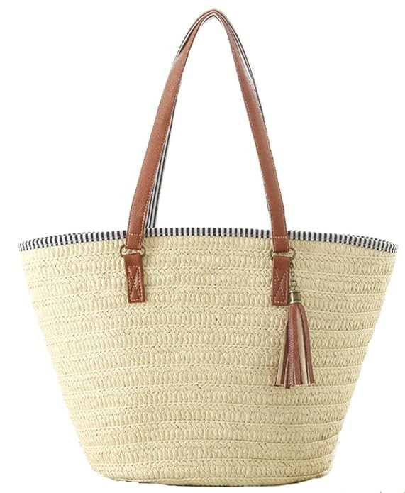 Agneta Women's Simple and Fashionable Tassel Tote One-Shoulder Straw Woven Shoulder Bag | Amazon (US)