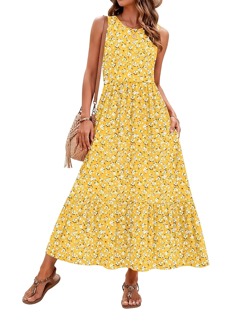 OutfitShow Summer Maxi Dresses for Women Sleeveless Casual Flowy Tiered Dress Vacation Beach Sund... | Walmart (US)