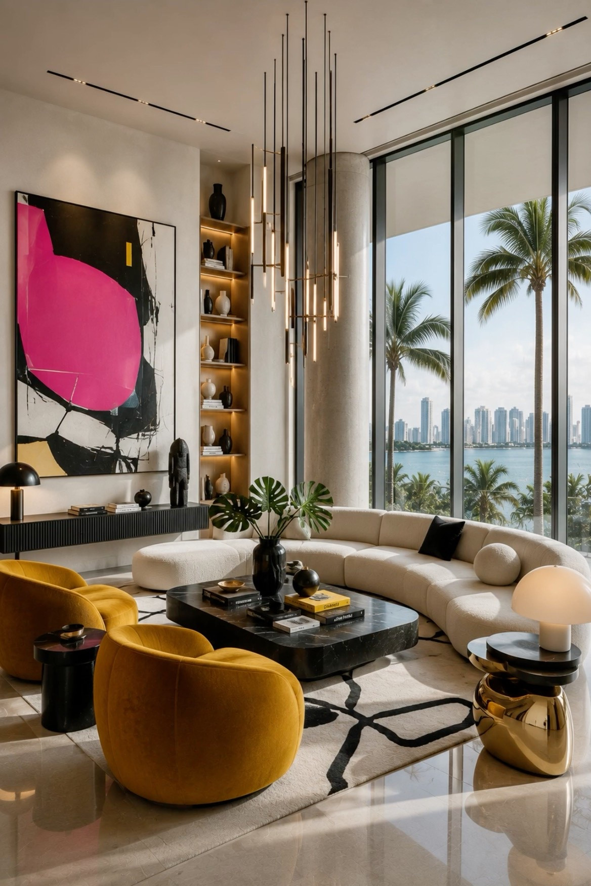 A glamorous modern living room inspired by Miami and Art Basel style, featuring a sculptural curved sofa, statement pink abstract art, mustard velvet accent chairs, glossy black furniture, dramatic pendant lighting, and tropical views. Bold color meets sophisticated contemporary design for a luxurious, gallery-inspired space.

#livingroomdesign #miamidesign #artbasel #luxuryinteriors #modernlivingroom #luxurylivingroom #contemporarydesign #statementart #pinkdecor #designerhome #homedecor #interiordesign #ltkhome #amazonhome #livingroomdecor #modernluxury #homeinspo #interiorinspiration #highendinteriors #colorfulinteriors