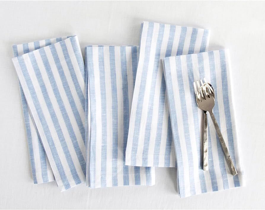 Solino Home Stripe Linen Napkins Set of 4 – 100% Pure Linen Sky Blue and White Cloth Napkins 20... | Amazon (US)
