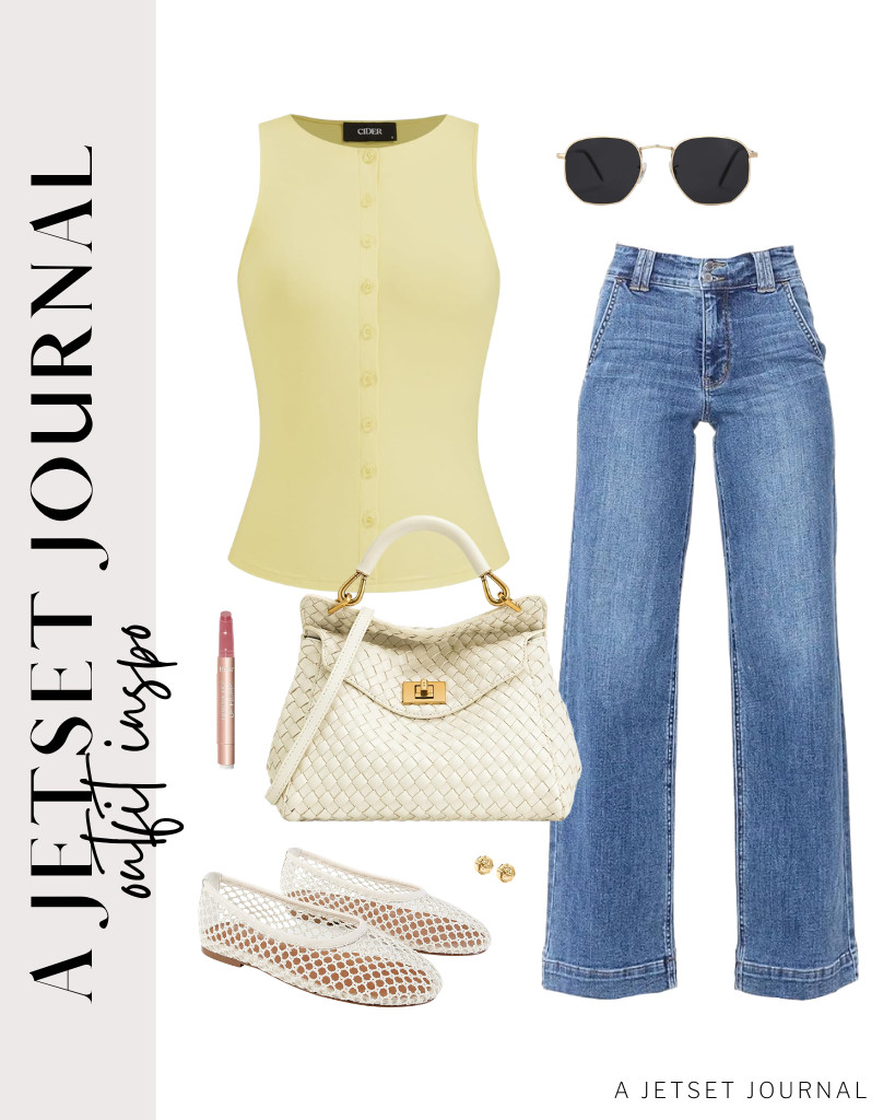 Another outfit idea is to wear a yellow CIDER button-down tank top with wide-leg jeans. JW PEI’s top-handle bag and SOVANYOU ballet flats are perfect for this look.

#LTKSeasonal #LTKSaleAlert #LTKTravel
 

 