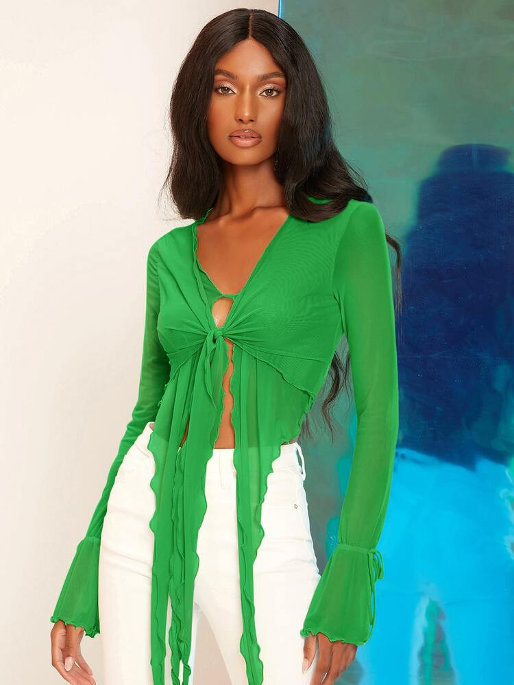 SHEIN Tie Front Lettuce Trim Mesh Top | SHEIN