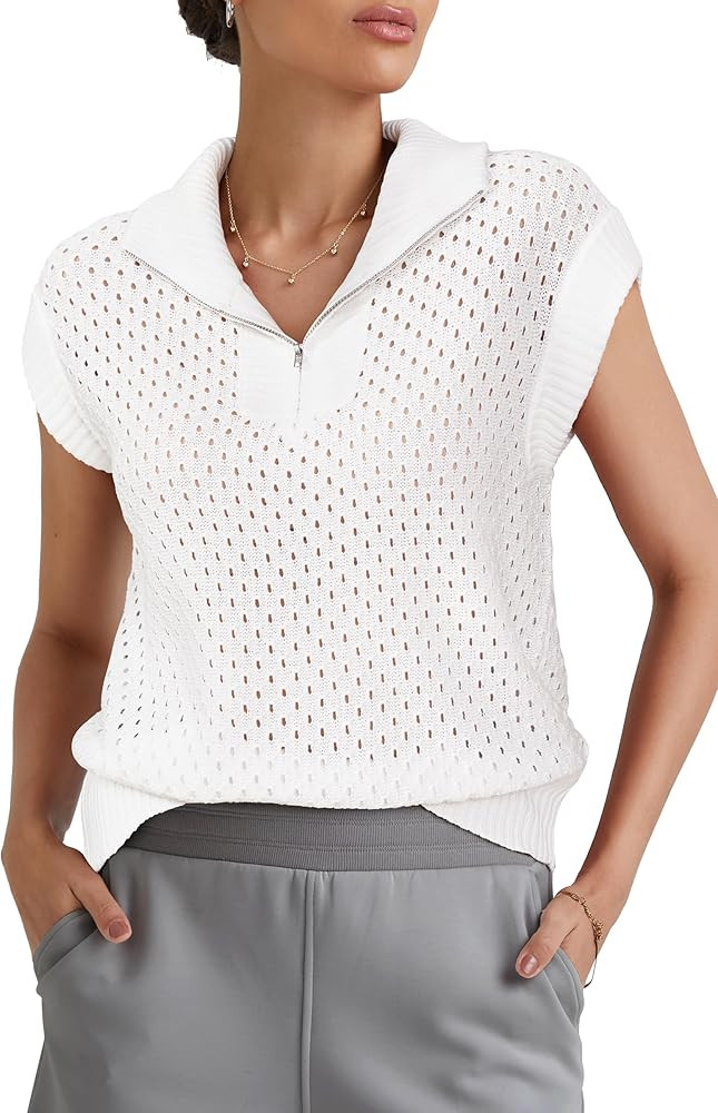 Arach&Cloz Womens Summer Cap Sleeve Sweater Vest 2025 Spring Casual Quarter Zip Hollow Out Croche... | Amazon (US)