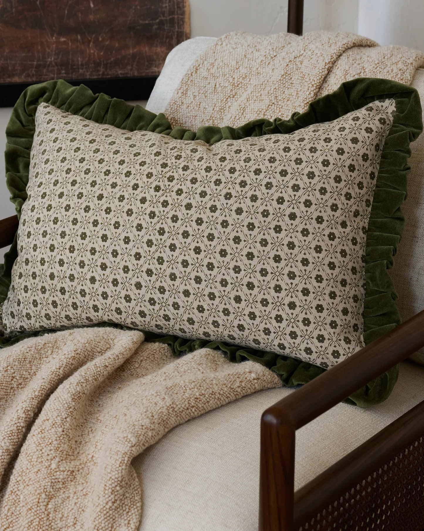 Thea Block Print Pillow w/ Velvet Ruffle Edge w/ insert, 16x24 | Magnolia