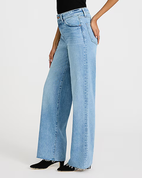 High Waisted Light Wash Raw Hem 50/50 Rigid Stretch Wide Leg Jeans | Express