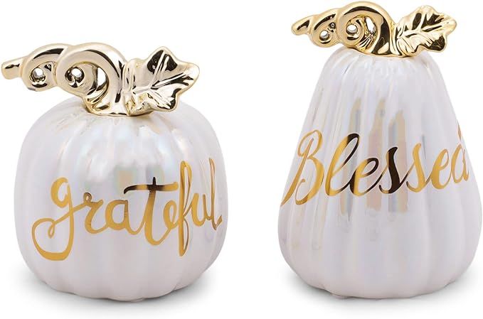 Transpac Pumpkin Gold Script White 5 x 4 Clay Ceramic Harvest Figurines Set of 2 | Amazon (US)