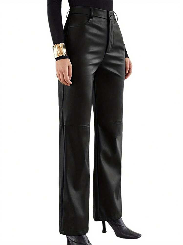 Women Solid Color Leather Pants Casual High Waist Straight With Side Pockets  Y2K Streetwear Goin... | SHEIN