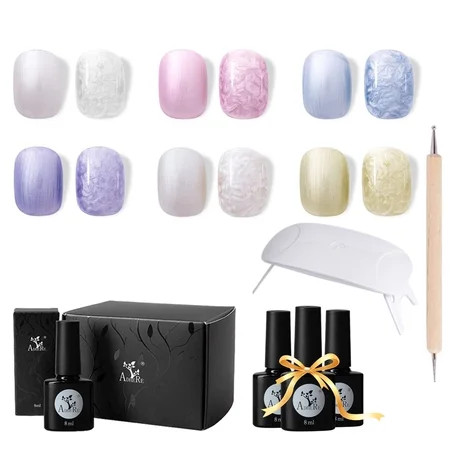 9 pcs Swirl Thread Gel Nail Polish Set with UV Lamp Pearl White Nail Polish Shell Aurora Shimmer Mer | Walmart (US)