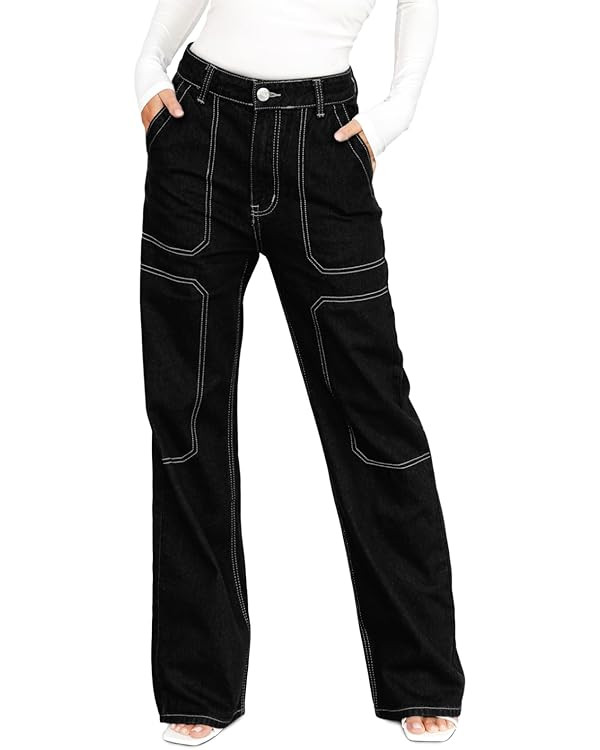 Dokotoo Women's Casual Mid Waist Cargo Jeans Stretch Wide Leg Denim Pants with Pockets | Amazon (US)