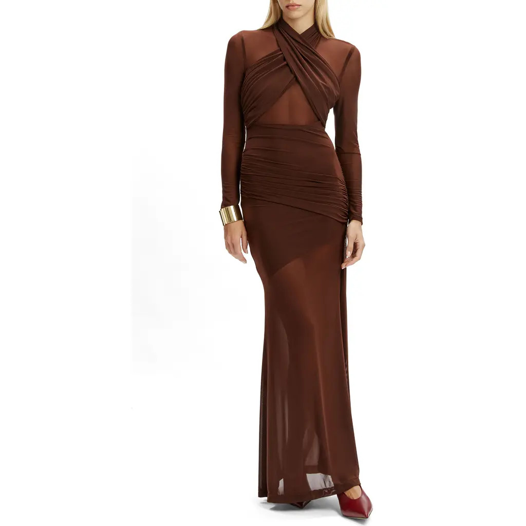 Bardot Marice Wrap Long Sleeve Mesh Maxi Dress in Chocolate at Nordstrom Rack, Size 6 | Nordstrom Rack