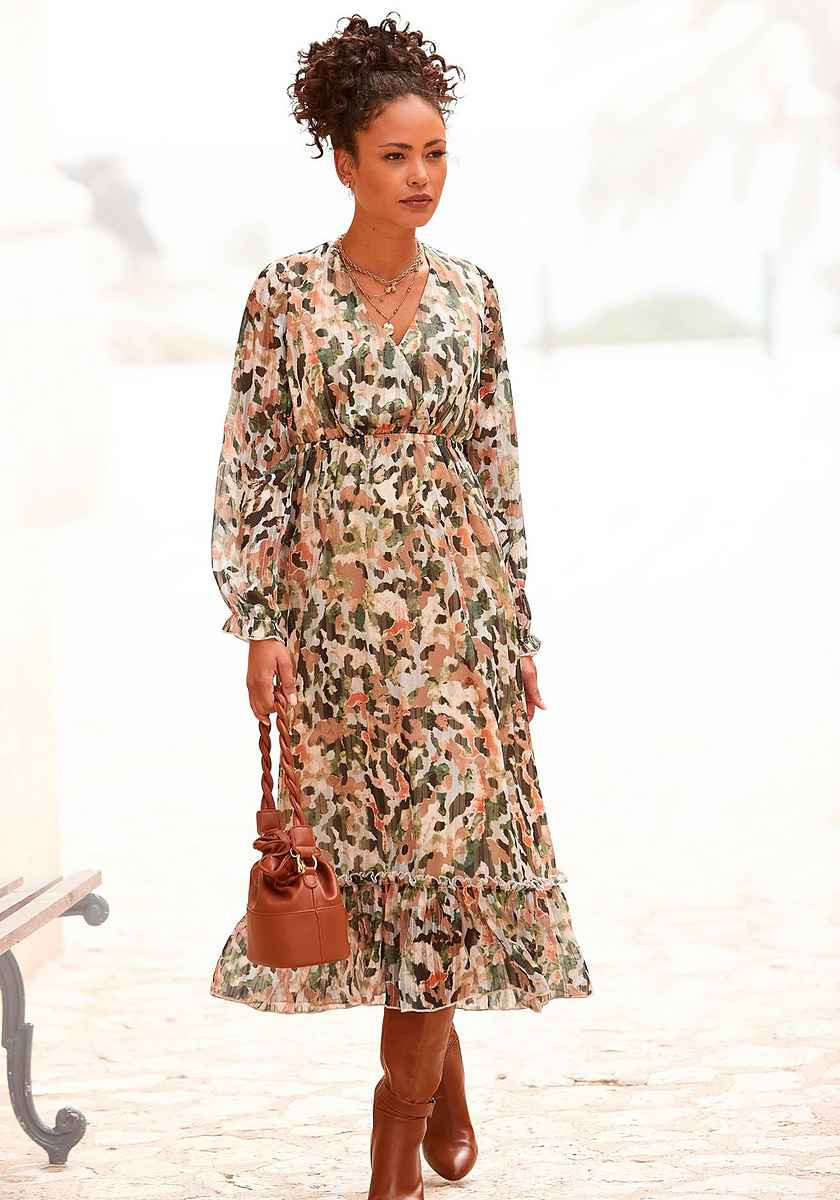 LASCANA Midikleid mit Alloverdruck und Rüschendetail am Rock | OTTO (DE)