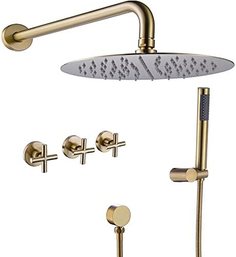 RBROHANT Gold Shower System Brass Shower Faucet Set, 10 Inch High Pressure Round Rain Shower Head... | Amazon (US)