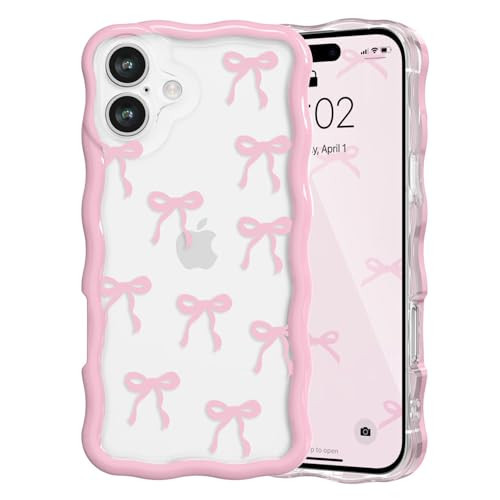 QLTYPRI for iPhone 16 Pink Bow Case, Clear Cute Pink Ribbon Bow Phone Case Curly Wavy Aesthetic Phone Cover, Soft Slim Transparent TPU Shockproof Protective Cover for Women Girls - Ribbon Bow | Amazon (US)