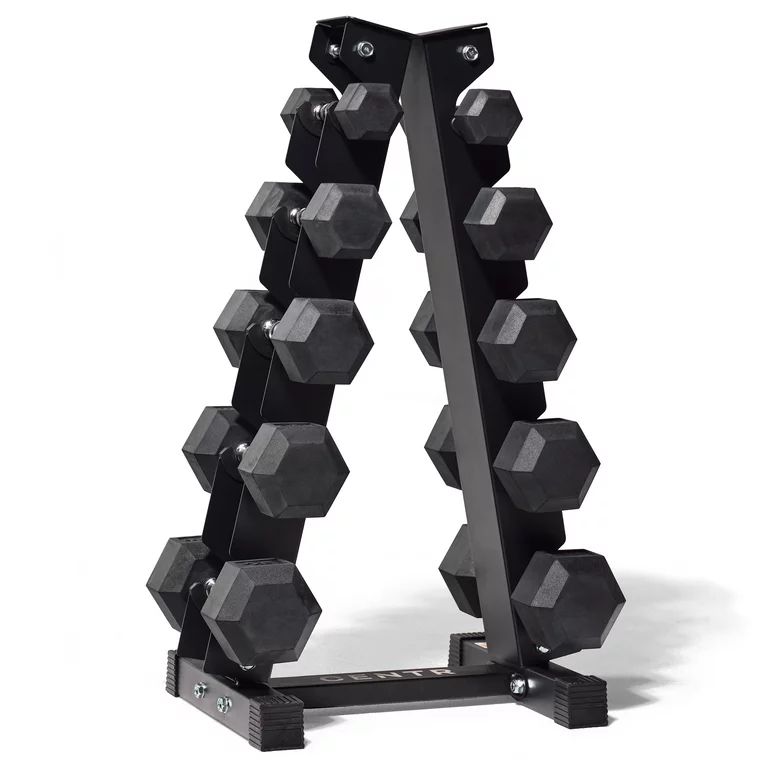 Centr 150 lb Rubber Hex Dumbbell Set with Rack, 5-25 lb Weights, Black | Walmart (US)