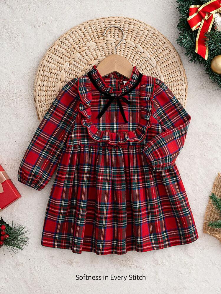 Cozy Pixies Baby Girl Christmas Plaid Crew Neck Long Sleeve Dress | SHEIN