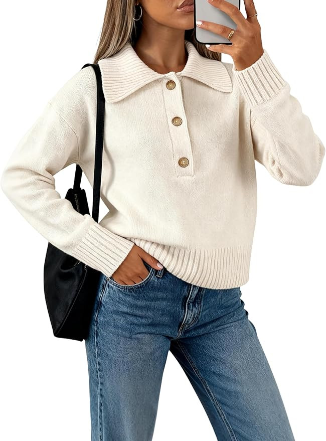 EsheSy Women's Polo Knit Sweater Pullover V Neck Lapel Collar Button Long Sleeve Casual Loose Rib... | Amazon (US)