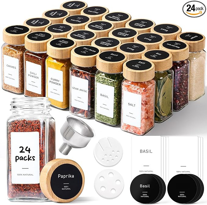 ComSaf Spice Jars with Label 4 oz 24Pcs, Glass Spice Jars with 6 Extra Shaker Inserts and 93 Labe... | Amazon (US)