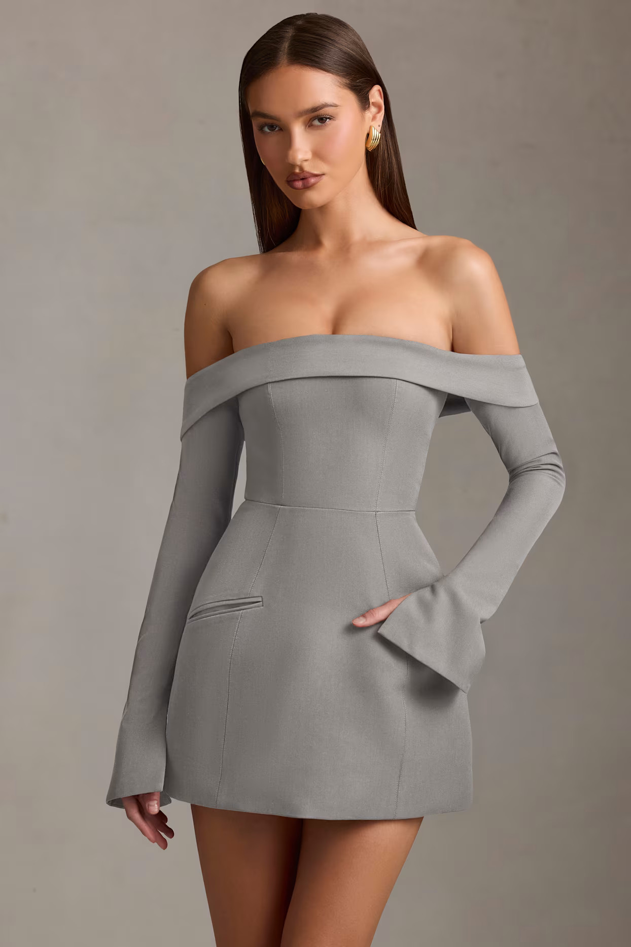 Off-Shoulder Structured A-Line Mini Dress in Grey | Oh Polly