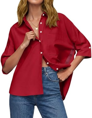 Cicy Bell Womens Oversized Button Down Shirts Half Sleeve Collared Tops | V Neck,High Low,Dressy ... | Amazon (US)