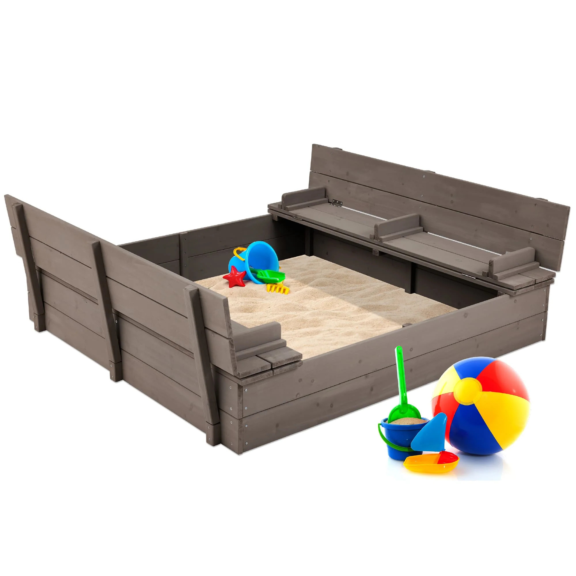 Best Choice Products 47x47-Inch Kids Wooden Outdoor Sandbox w/ 2 Foldable Bench Seats, Sand Protection, Liner | Shop Simon