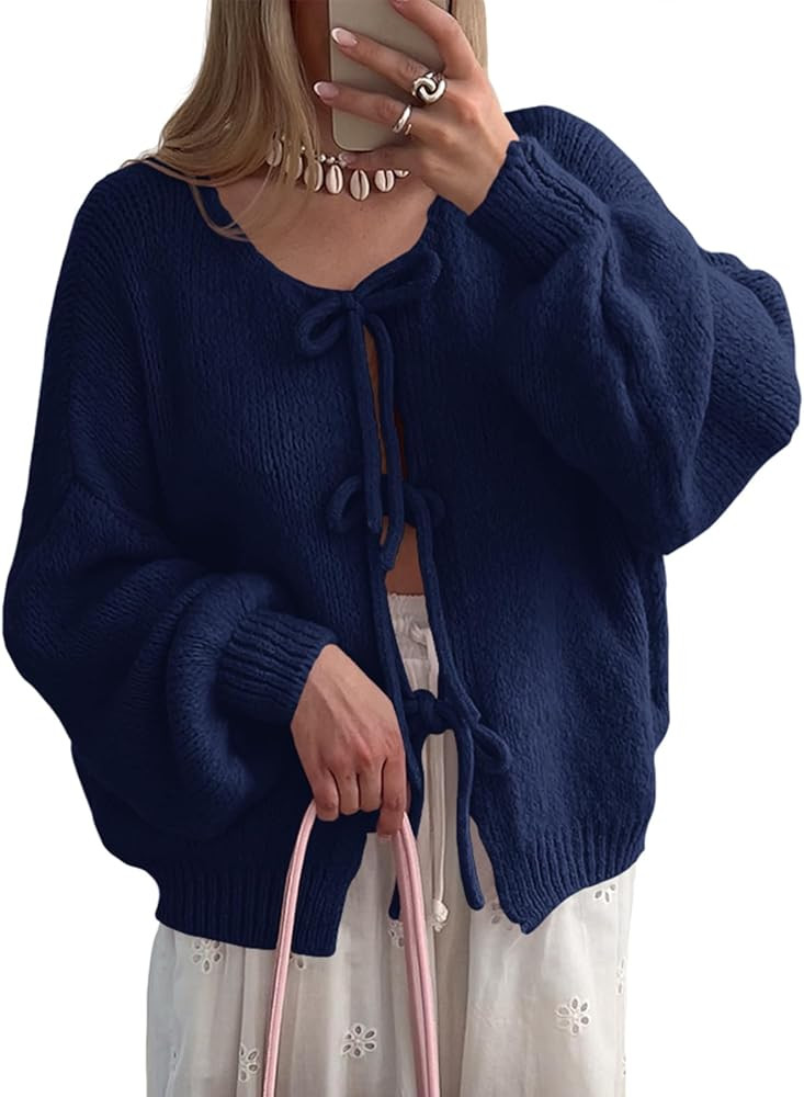 Saodimallsu Womens Tie Front Cardigan Sweaters Cute Bow Puff Long Sleeve 2025 Fall Loose Ribbed K... | Amazon (US)