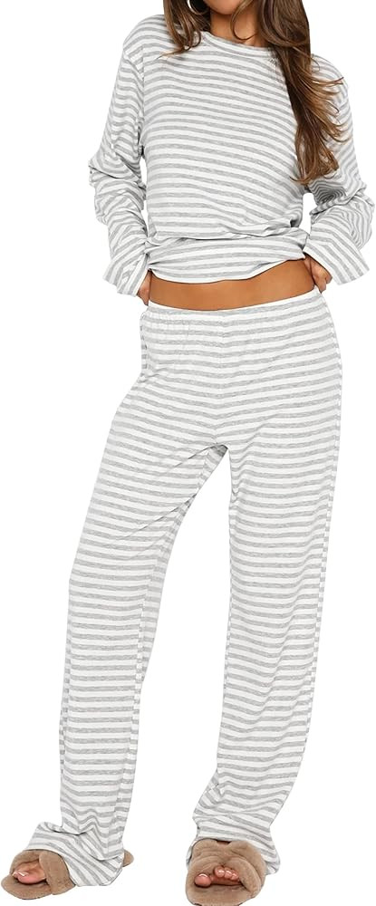 MISSACTIVER Women's Striped 2 Piece Lounge Set Casual Long Sleeve T-Shirt Drawstring Wide Leg Pan... | Amazon (US)