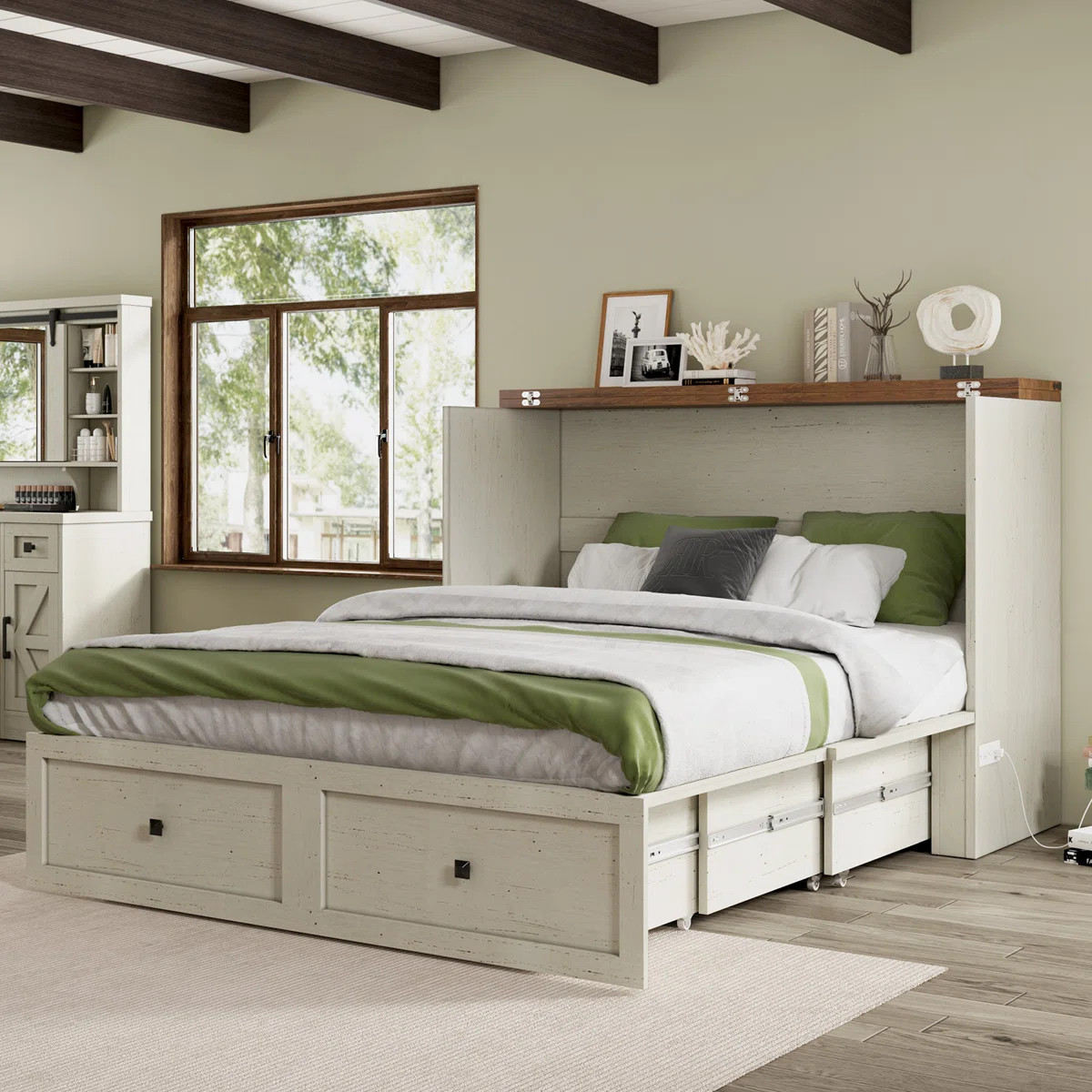 Wilkinson Farmhouse Queen Murphy Bed with Large Storage Drawer & Charging Station, White | Wayfair North America