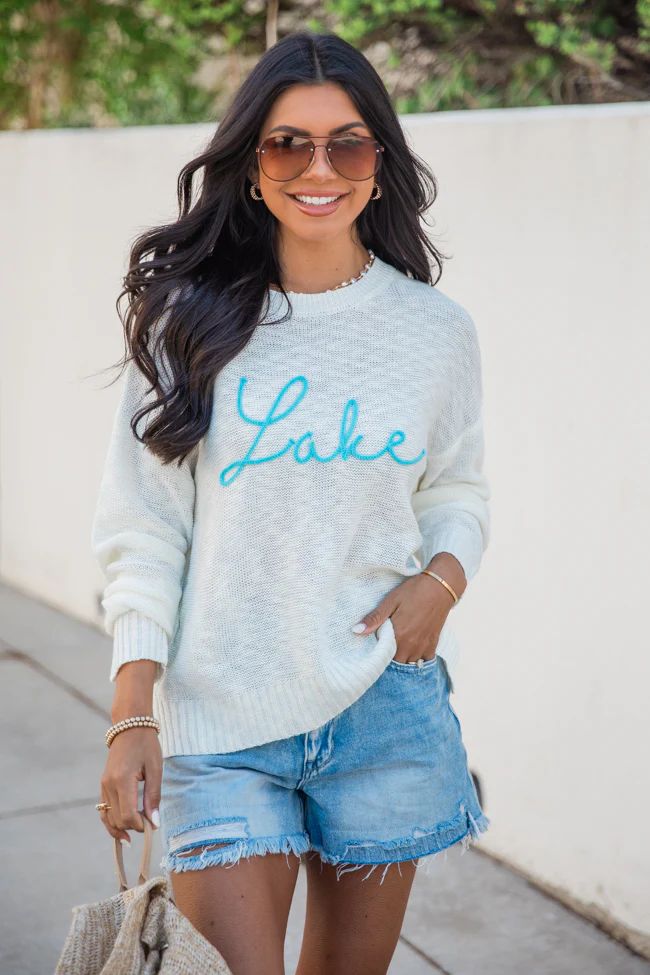 Off To The Lake Ivory Script Striped Sweater | Pink Lily