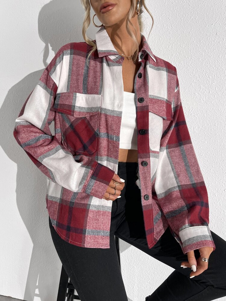 Plaid Flap Pocket Blouse | SHEIN USA | SHEIN