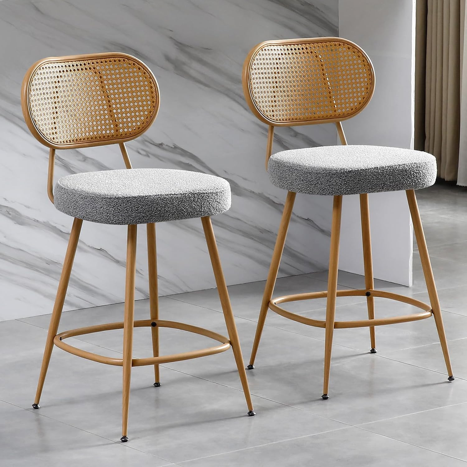 26" Rattan Barstools Set of 2, Counter Height Bar Chair with Wooden Metal Legs, Modern Armless Sh... | Amazon (US)