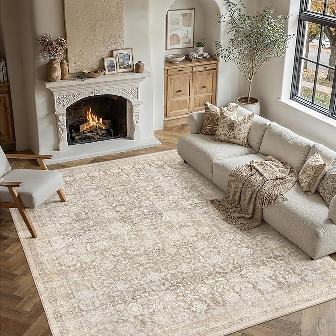 WondRg 8x10 Beige Washable Neutral Area Rug Living Room Floral Non Slip Low Pile Large Rug Vintag... | Amazon (US)