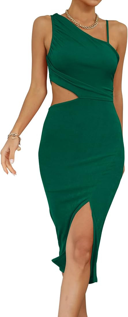 LYANER Women's One Shoulder Ruched Cut Out Split Slit Hem Sleeveless Bodycon Tank Midi Dress | Amazon (US)