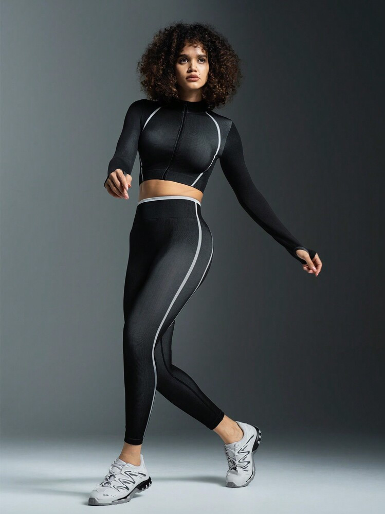 Powerista Contrast Color Trim Long Sleeve Leggings Seamless Sports Suit For Gym | SHEIN